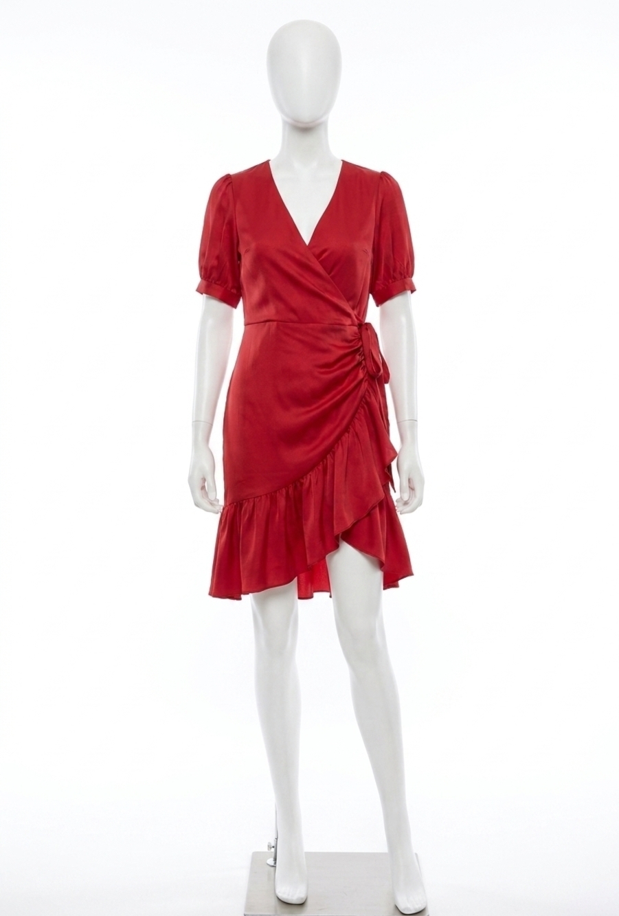 NEW MAC DUGGAL short puff sleeve faux wrap mini dress in red